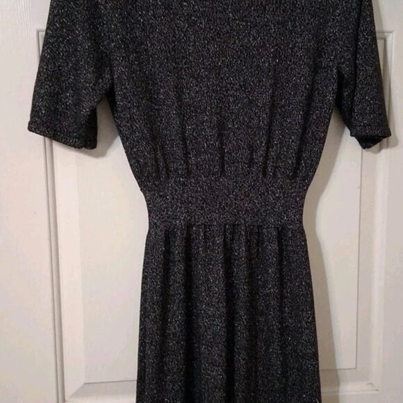 LIZ CLAIBORNE SZ LT V-Neck Black Metallic Midi Dress Short Sleeve - Picture 6 of 9